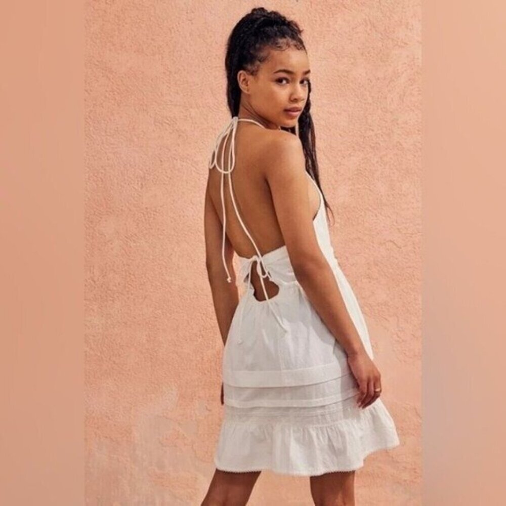 NWT Free People White Mini Dress Size Large Desert Days Halter Strappy Tiered - Picture 4 of 7
